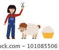 Girl shearing sheep set with cute farm characters. Farmer cutting the sheep wool print 101085506