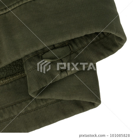 Khaki cotton sweatshirt bottom with drawstrings. Close up Khaki cotton sweatshirt bottom with drawstrings. Close up 101085828