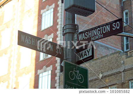 Brown Washington Square North and Washington Square West historic sign in Midtown Manhattan in New York City in Greenwich Village Historic District 101085882