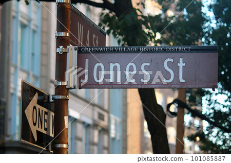 Jones Street brown traffic sign in New York in Greenwich village historic district Jones Street brown traffic sign in New York in Greenwich village historic district 101085887