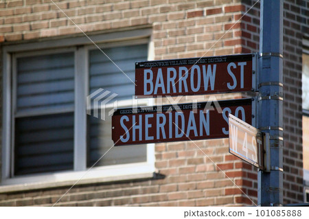 Brown Barrow Street and Sheridan Square historic sign in Midtown Manhattan in New York City in Greenwich Village Historic District Brown Barrow Street and Sheridan Square historic sign in Midtown Manhattan in New York City in Greenwich Village Historic District 101085888