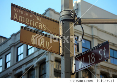 Brown West 18th Street and 6th Avenue of Americas historic sign 101085941