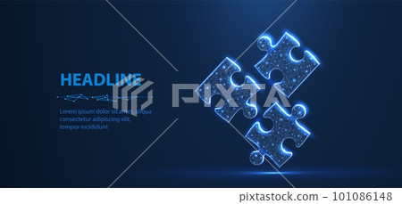 Three puzzles on blue. Digital solution, partners cooperate, matching solution concept. 101086148