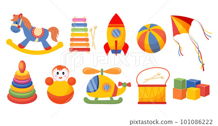 Set of colorful children's toys. Rocket, doll, pyramid, rocking horse, helicopter and drums on a white background. Baby toys icons, vector Set of colorful children's toys. Rocket, doll, pyramid, rocking horse, helicopter and drums on a white background. Baby toys icons, vector 101086222