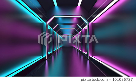 Night club interior neon lights. 3d render for laser show. Fluorescent vivid colors background. Neon corridor background. Light abstract futuristic design. Led lights backdrop. 101086727