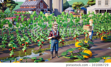 Metaverse avatars of people learning to increase agricultural productivity in smart farm of virtual world, 3d render 101086729