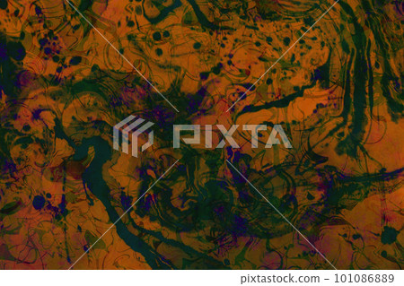 深橙色 grunge 地面上的深綠色 suminagashi 大理石花紋 101086889