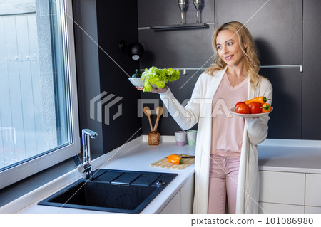 Smiling happy housewife standing in the kitchen Smiling happy housewife standing in the kitchen 101086980