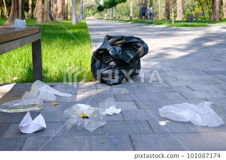 Garbage from plastic bottles, bags, paper, in the city park. Environmental pollution Garbage from plastic bottles, bags, paper, in the city park. Environmental pollution 101087174