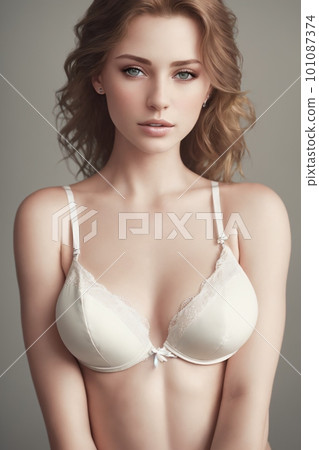 A woman in a white bra Perfect female shapes posing on beige studio background A woman in a white bra Perfect female shapes posing on beige studio background 101087374