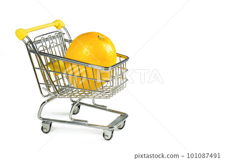 Metal basket with lemon inside isolated on a white background. Shopping 101087491