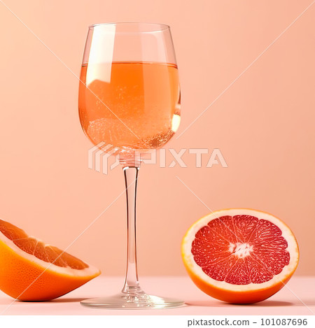 Glass with sparkling rose wine and grapefruit on pastel background with copy space. Wide angle format banner 101087696