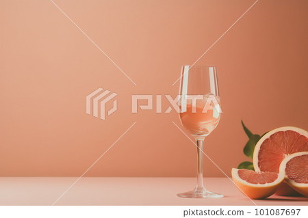 Glass with sparkling rose wine and grapefruit on pastel background with copy space. Wide angle format banner 101087697
