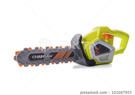 Plastic toy chainsaw isolated on white background 101087955