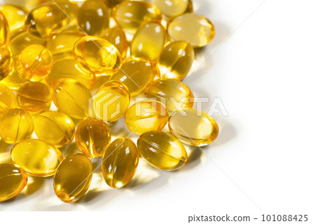 Capsules Omega 3 on white background. Copy space for your text. Top view, fish fat, Capsules Omega 3 on white background. Copy space for your text. Top view, fish fat, 101088425