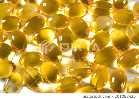 Fish oil Omega-3 capsules on a white background. Healthy eating, medicine, health care,  101088426