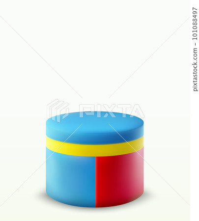 Blue, red, yellow round podium on a white background. Minimal scene for demonstrating the product mockup.Scene for demonstrating. 101088497