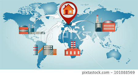 Reshoring concept. Factories companies come home. Increased protectionism. Self-sufficiency. Automated supply chain. Avoid production chain disruption. Local production. World map 101088569