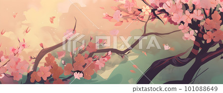 Pink blooming sakura tree brunches in Anime style 101088649