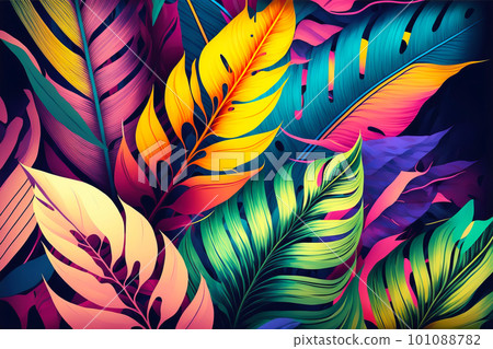 Colorful tropical leaves pattern. Generative AI illustration 101088782