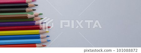 Colored pencils for drawing and coloring, on a white background. Figures made of colored pencils, school supplies Colored pencils for drawing and coloring, on a white background. Figures made of colored pencils, school supplies 101088872