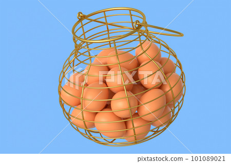 Farm raw organic brown eggs for morning breakfast in basket 101089021