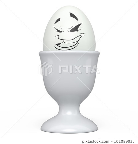 Farm white painted egg with expressions and funny face in ceramic egg cup 101089033