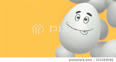 Group of flying farm white chicken eggs flying with funny face and crowd of eggs 101089046