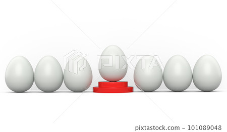 Farm white egg on podium and crowd of eggs standing in line on white background 101089048