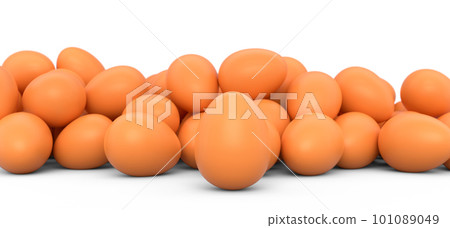 Group of farm raw organic brown chicken eggs in a crowd on white background 101089049
