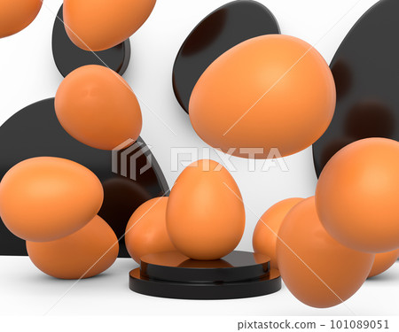 Farm brown eggs on podium standing in line on white background 101089051