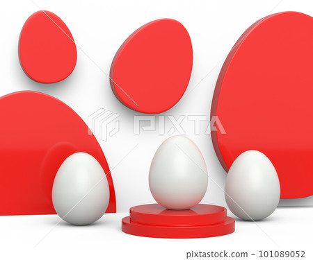 Farm white egg on podium and crowd of eggs standing in line on white background 101089052