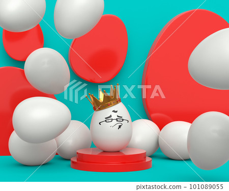 Unique white egg in gold crown on podium with funny faceand scattered black eggs Unique white egg in gold crown on podium with funny faceand scattered black eggs 101089055