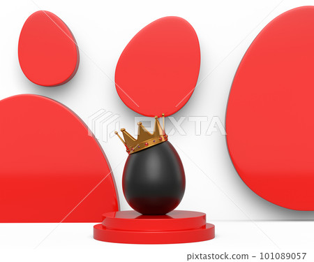 Unique chicken black egg in royal king crown on podium and white background Unique chicken black egg in royal king crown on podium and white background 101089057