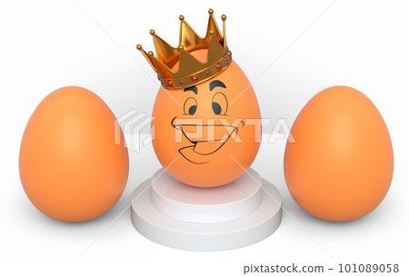 Group of farm brown chicken eggs and unique egg with funny face and gold crown Group of farm brown chicken eggs and unique egg with funny face and gold crown 101089058