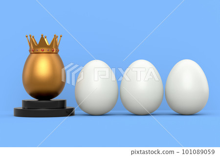 White chicken eggs in row and unique gold egg in royal king crown on podium White chicken eggs in row and unique gold egg in royal king crown on podium 101089059