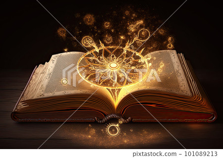 Open magical book with glowing lights over pages on abstract background. Fantasy reading. Created with Generative AI Open magical book with glowing lights over pages on abstract background. Fantasy reading. Created with Generative AI 101089213