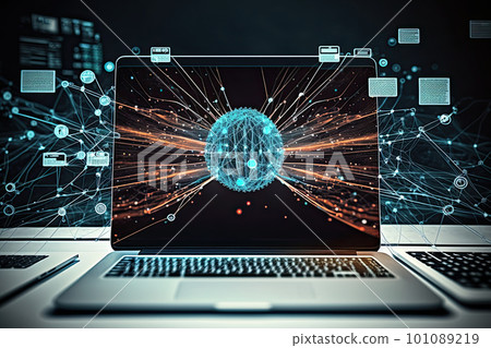 Laptop with network connection illustration. Analitical data infographic. Created with Generative AI 101089219