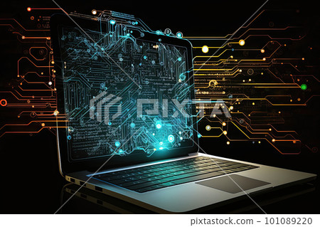 Digital data and network connection on laptop screen. Big data analysis. Network information and data protection concept. Created with Generative AI 101089220