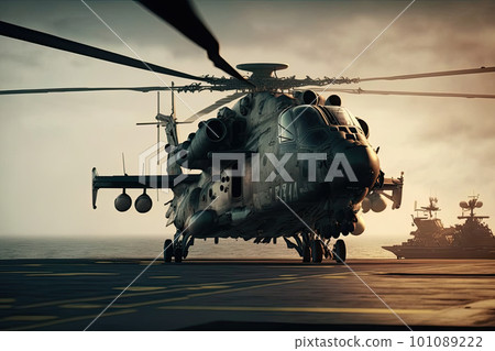 Military helicopter on warship board in the sea. Navy helicopter on board the aircraft carrier. Created with Generative AI 101089222
