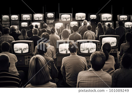 People watching a lot of retro televisions. Propaganda and fake news concept. Politicians manipulate society with help of public television. Created with Generative AI 101089249