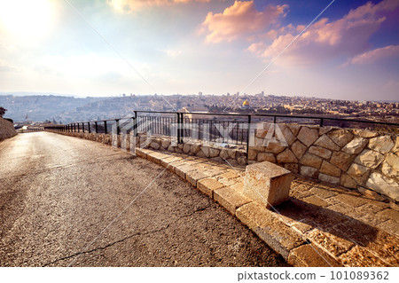 Asphalt road on Mount of Olives in Jerusalem. Panoramic view of old city Jerusalem, Israel 101089362