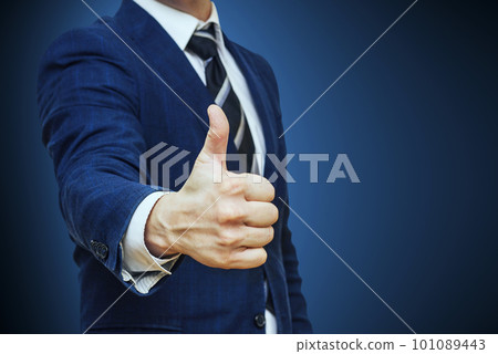 Businessman shows thumb up sign gesture. Nonverbal communication Businessman shows thumb up sign gesture. Nonverbal communication 101089443