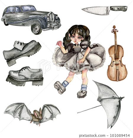 Watercolor set of mystical watercolor illustrations,black shoes,car,umbrella, knife,bat,cello,Wednesday. Elements are isolated on a white background.Perfect for invitation,greetings card,party decor. Watercolor set of mystical watercolor illustrations,black shoes,car,umbrella, knife,bat,cello,Wednesday. Elements are isolated on a white background.Perfect for invitation,greetings card,party decor. 101089454