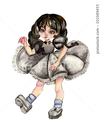 Watercolor hand drawn Wednesday dance. Illustration of cute girl in dark dress.Hand drawn illustration with watercolour on a white background. Perfect for greetings card,posters,stickers,skrapbooking. Watercolor hand drawn Wednesday dance. Illustration of cute girl in dark dress.Hand drawn illustration with watercolour on a white background. Perfect for greetings card,posters,stickers,skrapbooking. 101089455