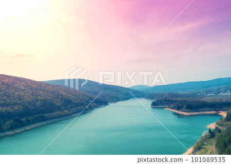 Panoramic view of lake Bukovec Kosice region, Slovakia in early spring. View from above Panoramic view of lake Bukovec Kosice region, Slovakia in early spring. View from above 101089535