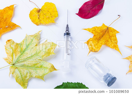 Autumn vaccination of population. Syringe in autumn leaves. Vaccination in autumn. New vaccine. Autumn vaccination of population. Syringe in autumn leaves. Vaccination in autumn. New vaccine. 101089650