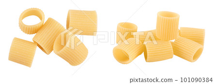 raw italian pasta isolated on white background  . Mezze Maniche Rigate Bronze die. Top view. Flat lay 101090384