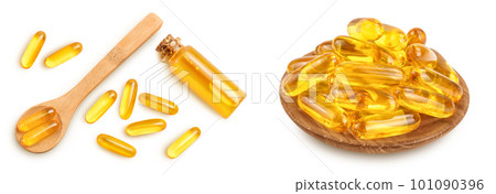 Fish oil capsules isolated on white background with full depth of field. Top view. Flat lay Fish oil capsules isolated on white background with full depth of field. Top view. Flat lay 101090396