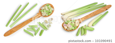 Fresh Lemongrass in wooden spoon isolated on white background . Top view. Flat lay Fresh Lemongrass in wooden spoon isolated on white background . Top view. Flat lay 101090491